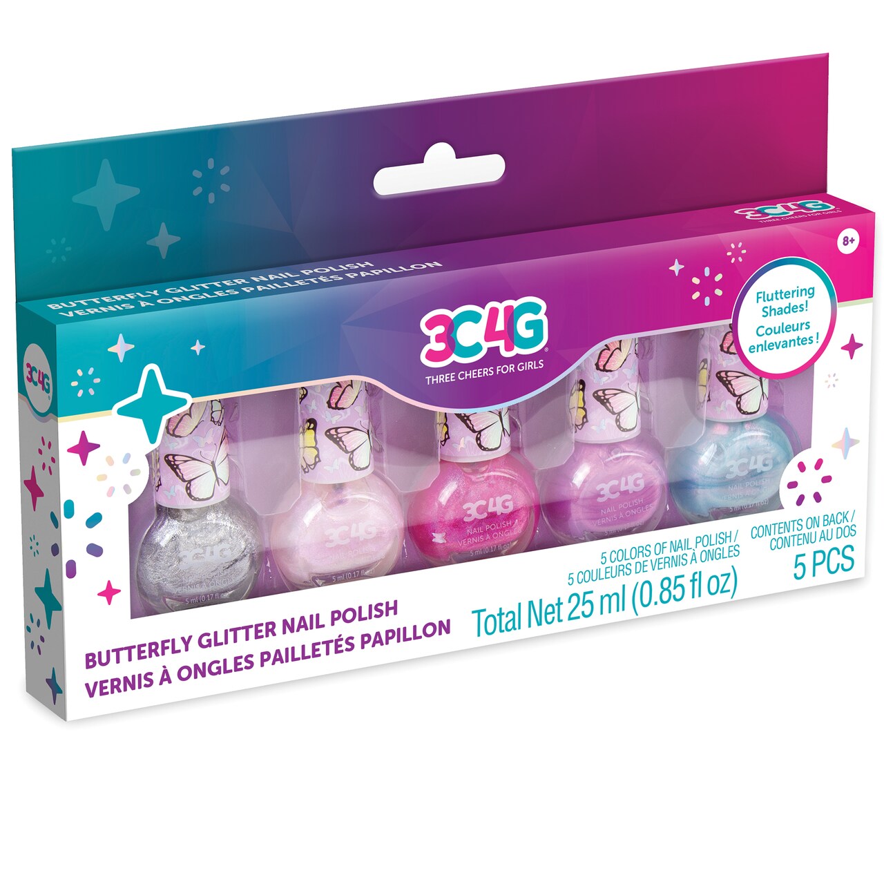 3C4G: Butterfly Glitter Nail Polish Set - 5 Bottles, Make It Real, Tweens & Girls, Non-Toxic Long-Lasting Polish, Fluttering Shades, Pinks Blue & Silver, Three Cheers For Girls, Kids Ages 8+